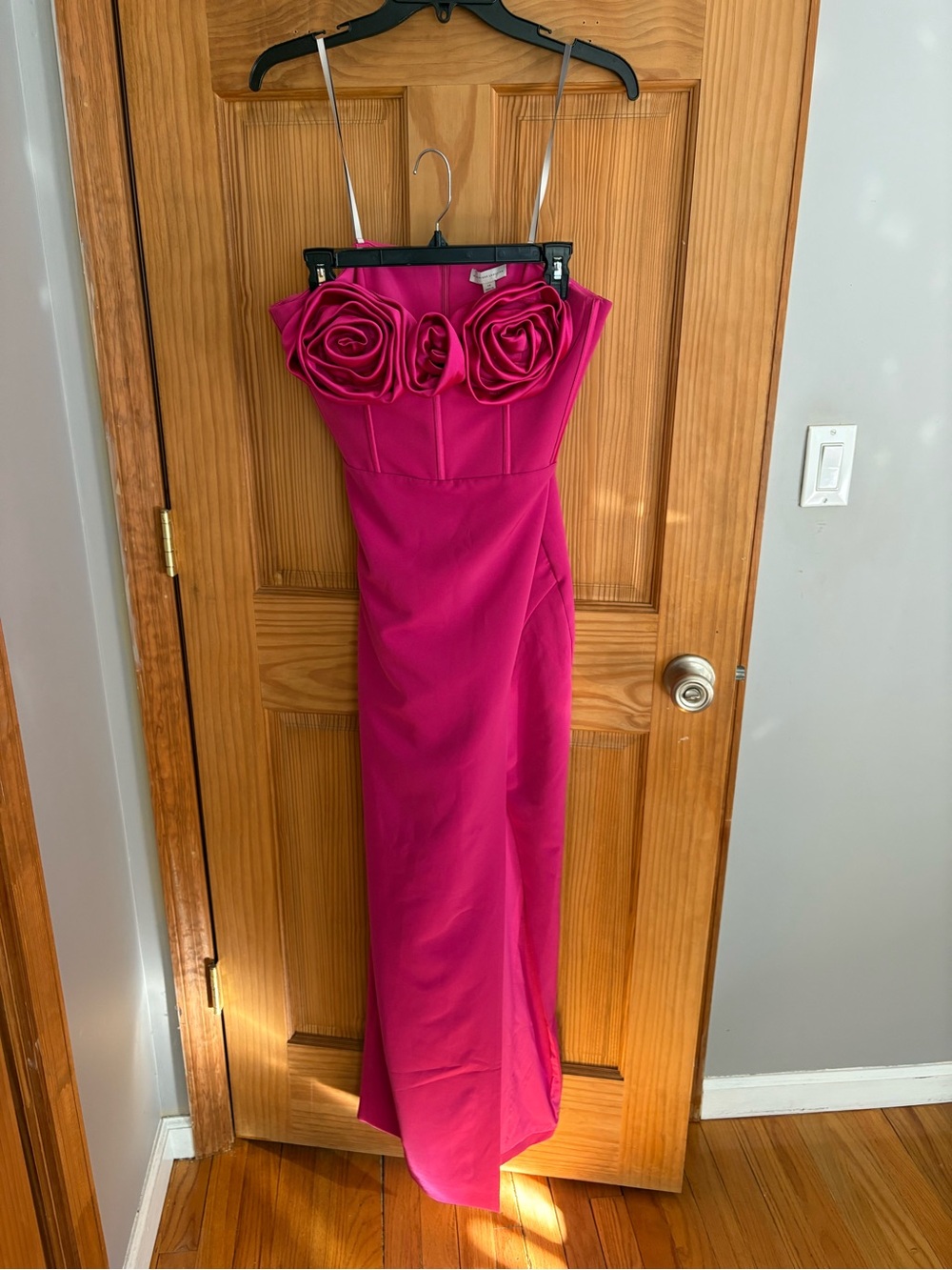 Monique Lhuillier Hot Pink Strapless Gown with Rosette Bodice